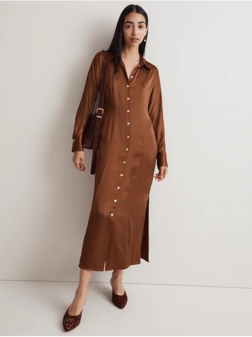 Madewell Brown Satin Button-Front Maxi Shirt Dress